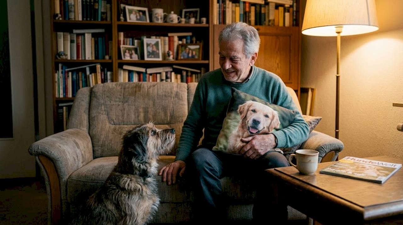Ein Mann sitzt entspannt im Wohnzimmer und hält ein individuell gestaltetes Hundekissen in den Händen.