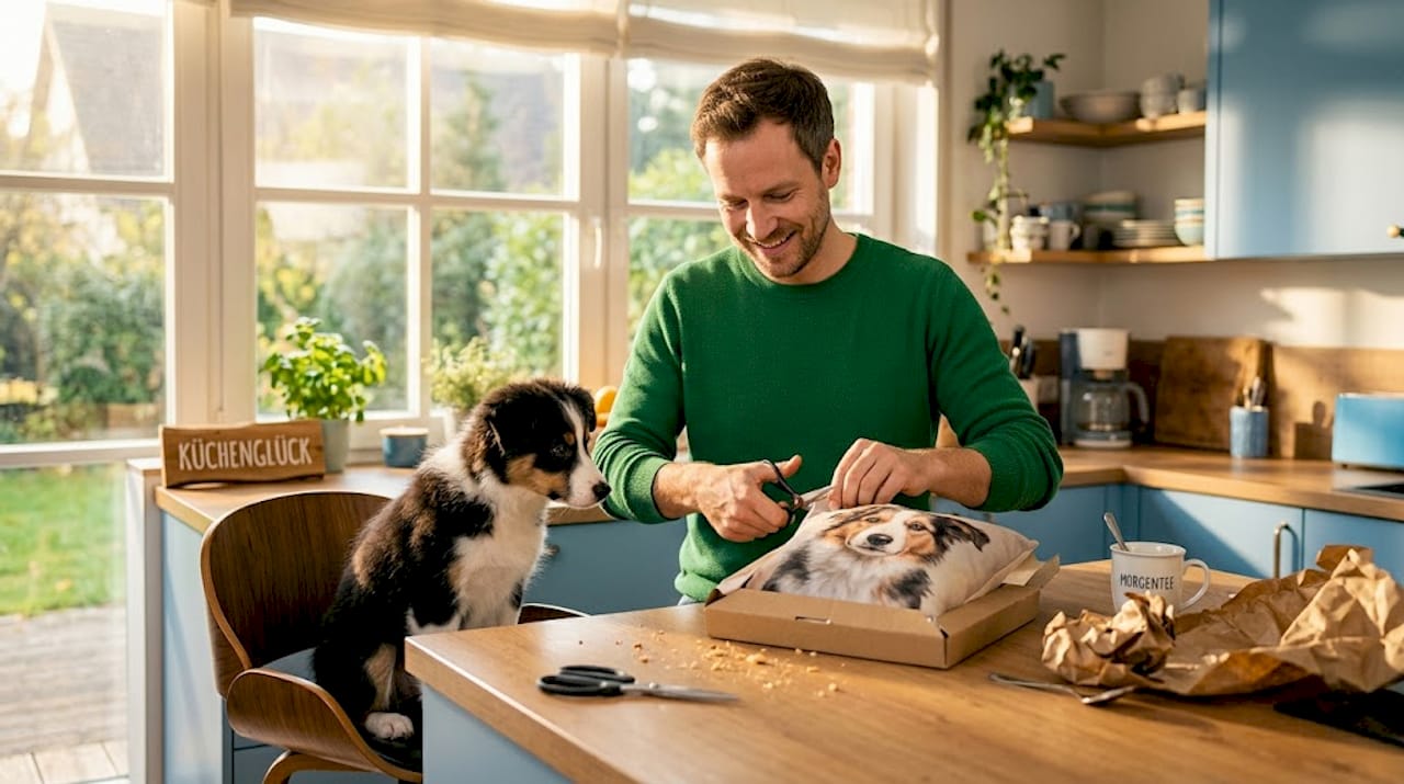 Mann staunt über individuell gestaltetes Hundekissen auf der Küchentheke