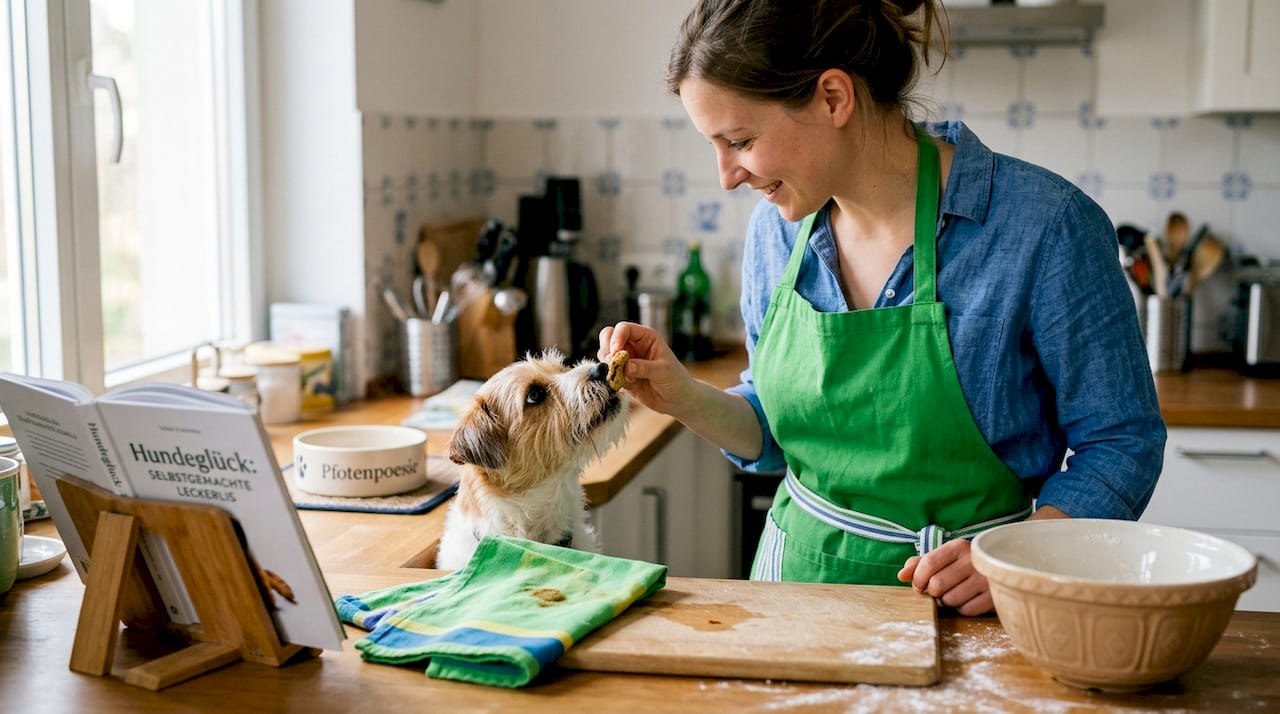Eine Frau gibt ihrem Hund Futter und redet dabei liebevoll mit ihm.
