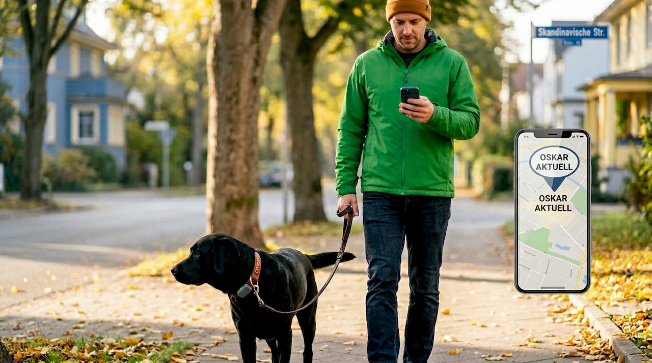 Beim Gassigehen trägt der Hund ein GPS-Halsband, damit man immer weiß, wo er ist.