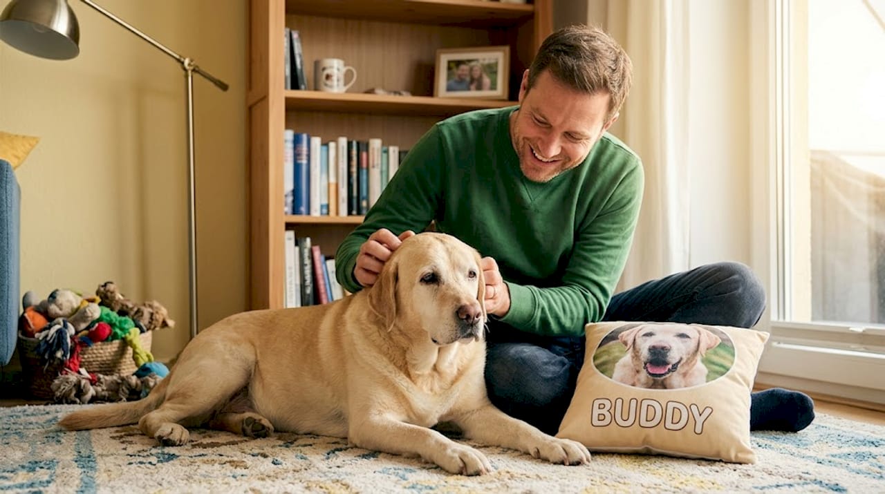 Ein Mann verbringt innige Momente mit seinem alten Hund, während sie gemeinsam neben einem individuell gestalteten Kissen entspannen.