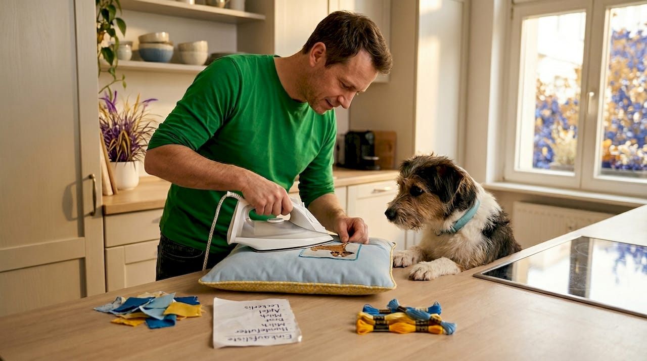 Ein Mann bringt ein Hunde-Motiv auf ein Hundekissen auf – zum Beispiel mit einem Bügeleisen.