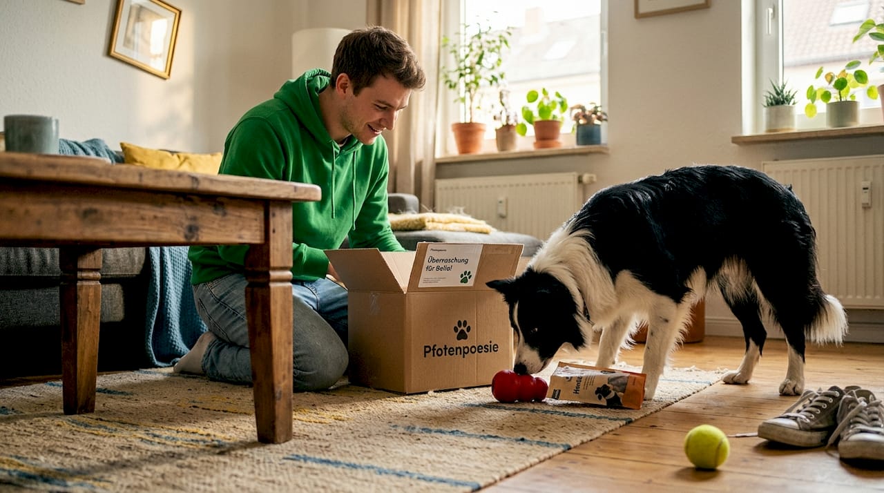 Zu Hause öffnet ein Mann gemeinsam mit seinem Hund ein Geschenk für den Vierbeiner.
