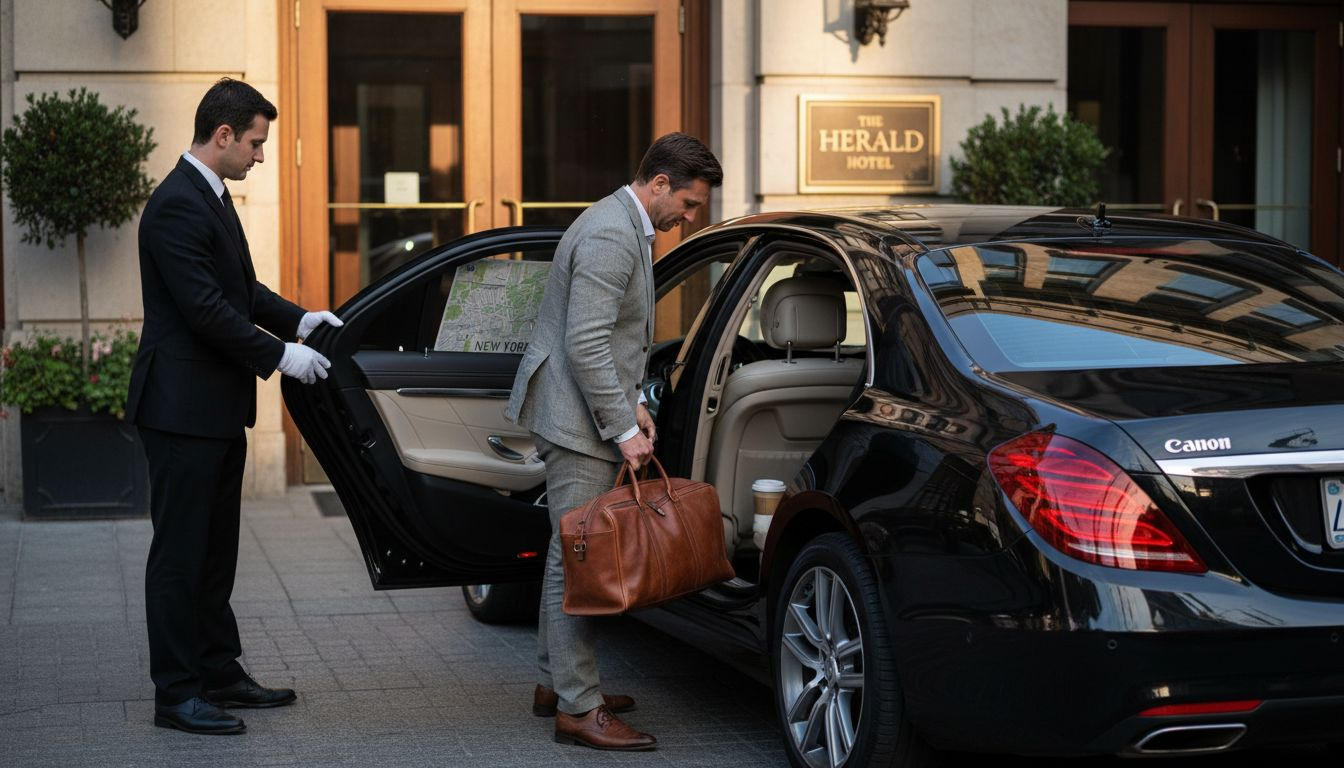 Chauffeur opening car door for luxury traveler
