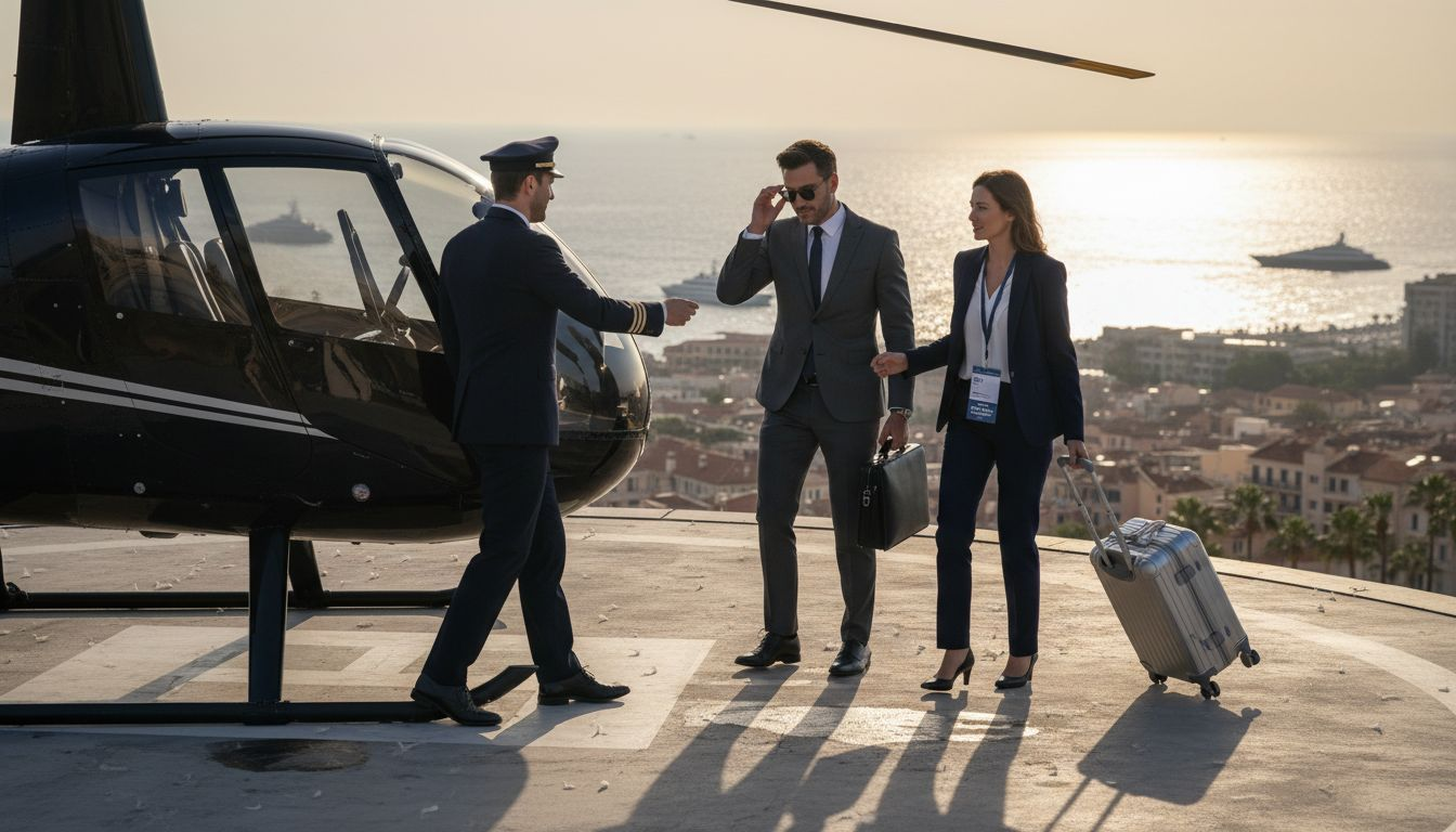 Passengers boarding helicopter above Cannes coastline