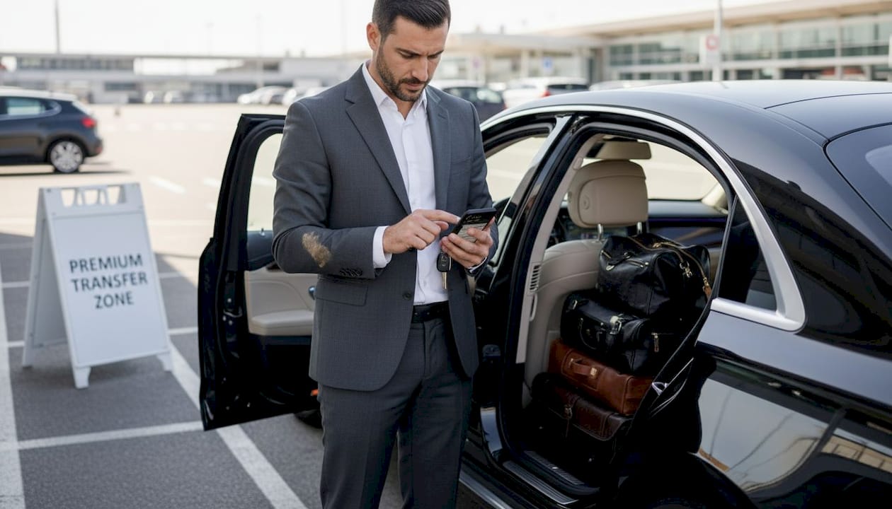 Chauffeur using flight tracking beside sedan