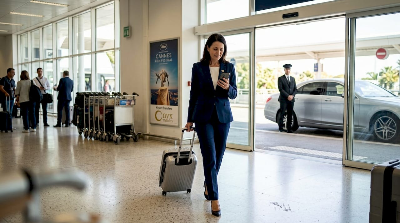 Business traveler exiting Nice airport transfer