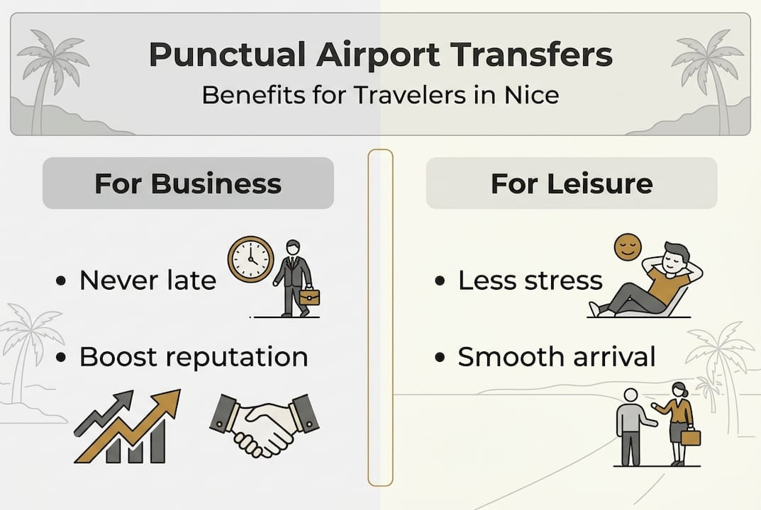 Infographic showing punctual transfer business and leisure benefits