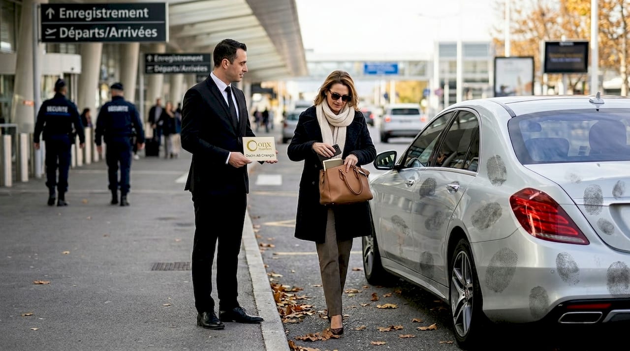 Chauffeur greeting woman at airport curb