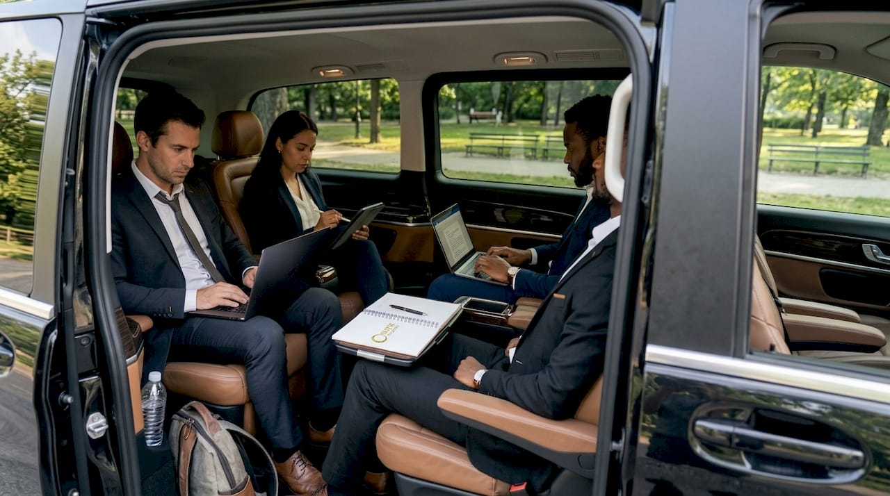 Business team working during group transport ride