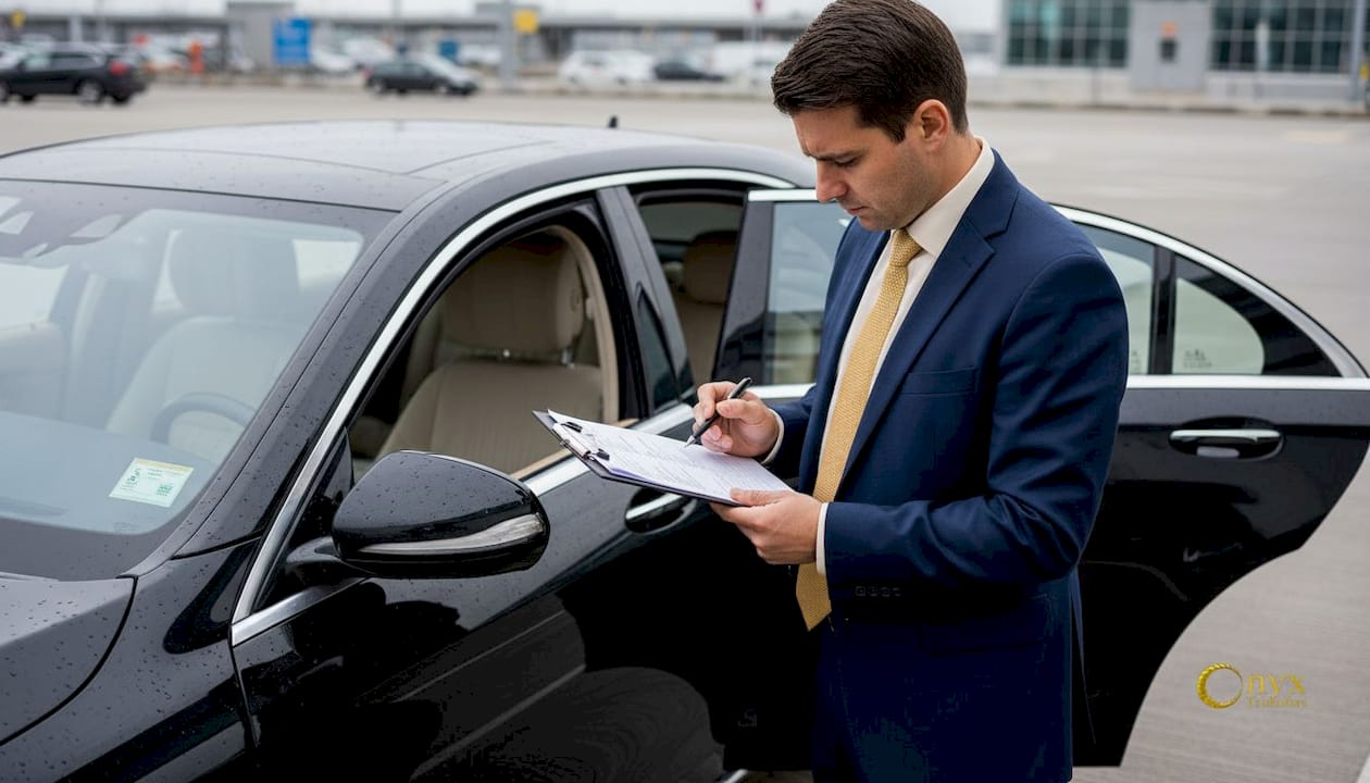 Chauffeur verifying airport pickup credentials