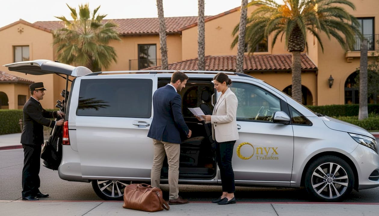 Group exits luxury minivan at French Riviera hotel