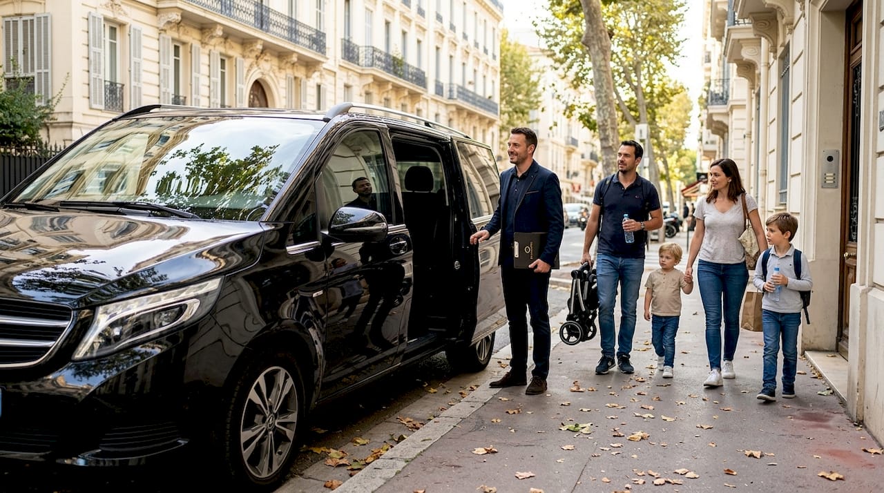 Driver waits as travelers board luxury van