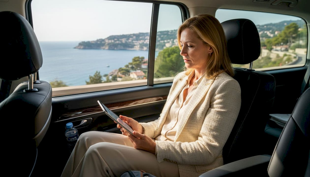 Executive viewing tablet in chauffeured van