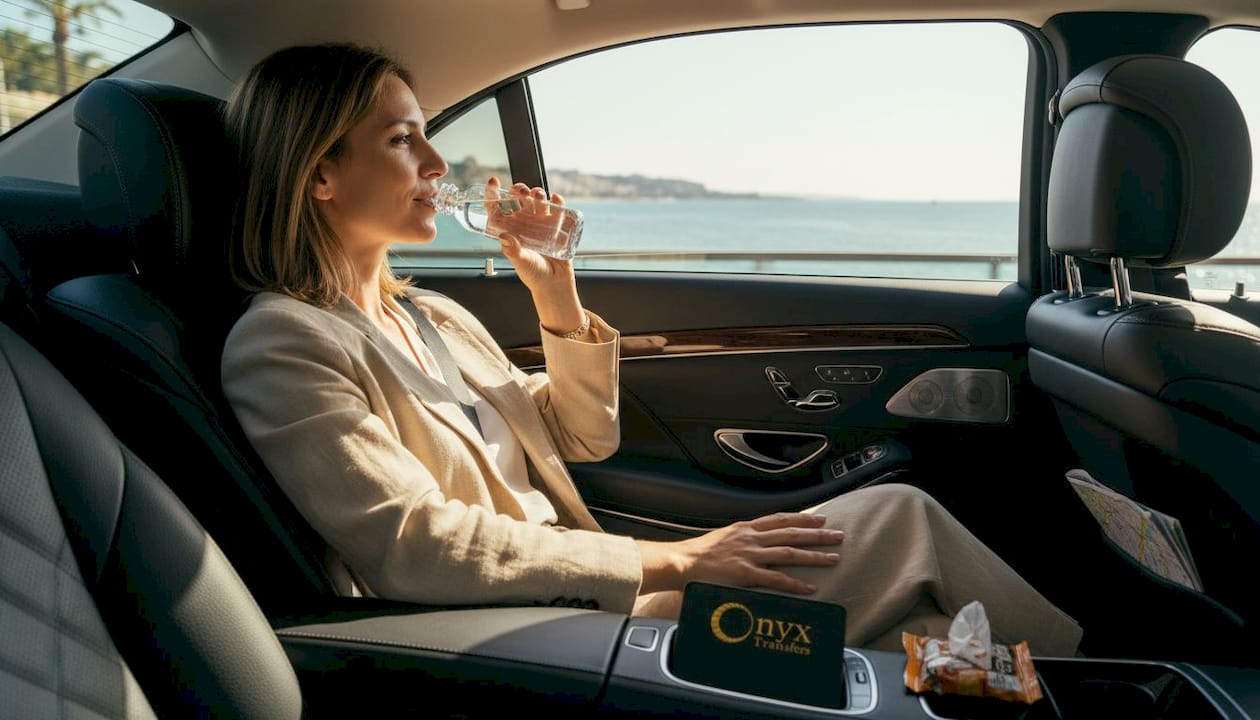 Passenger relaxing in high-end car along Nice coast