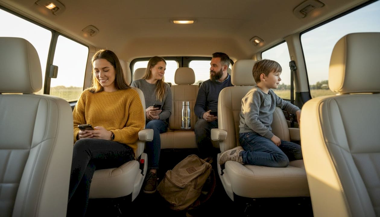 Family traveling in spacious luxury van interior