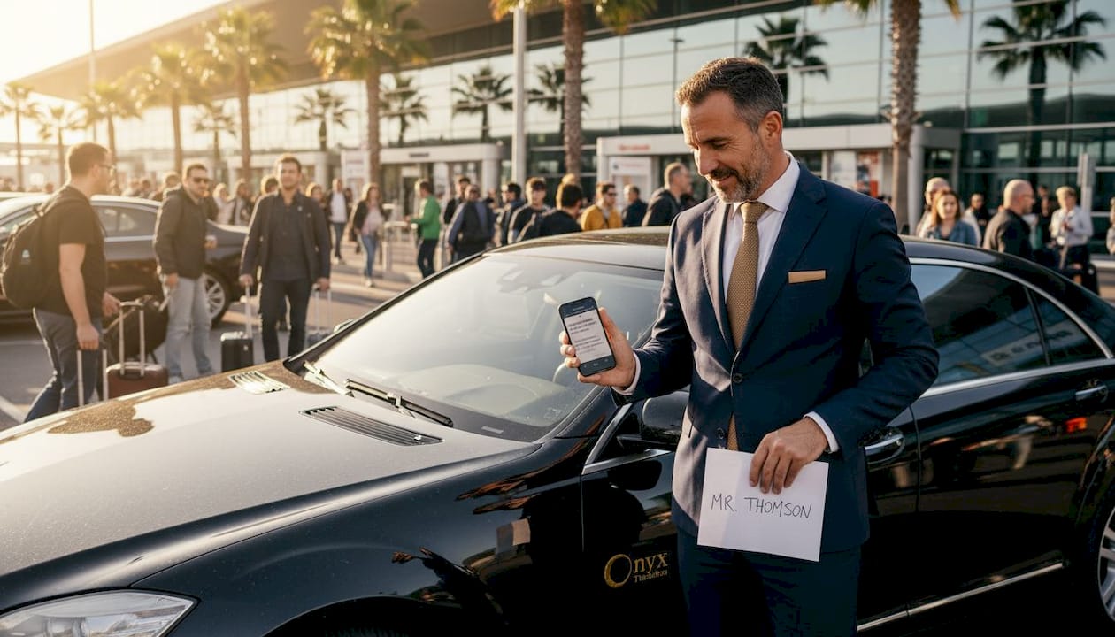 Chauffeur confirming booking at airport curb