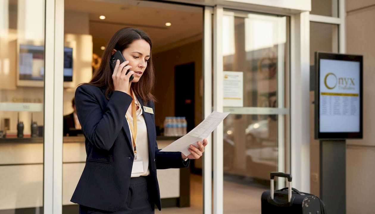 Event coordinator arranging guest arrivals in hotel lobby