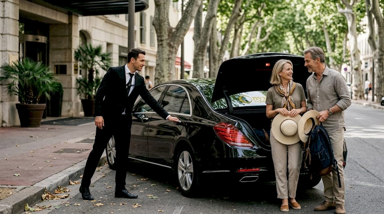 Chauffeur greets guests with luxury sedan
