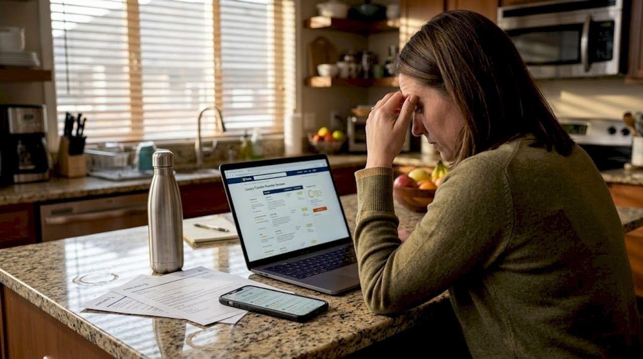 Traveler comparing luxury transfer reviews at home