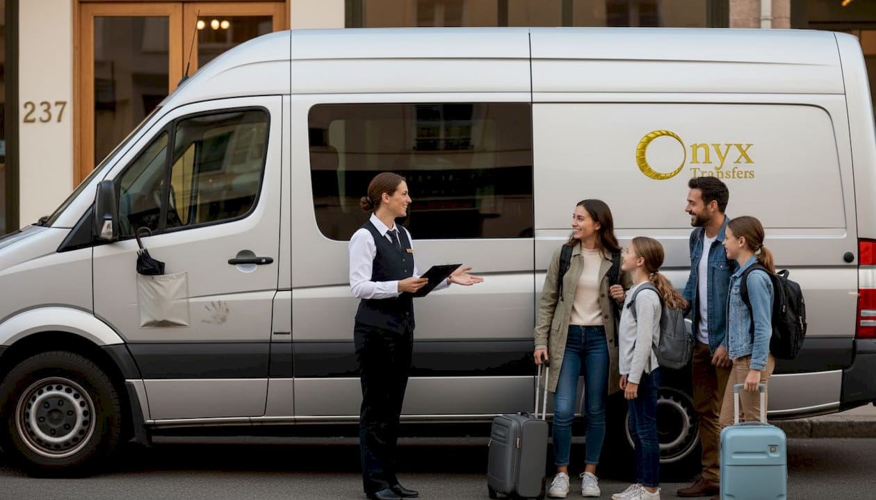 Luxury van and driver picking up family