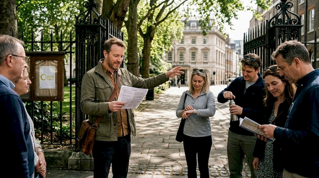 Tour guide briefing group in city park setting