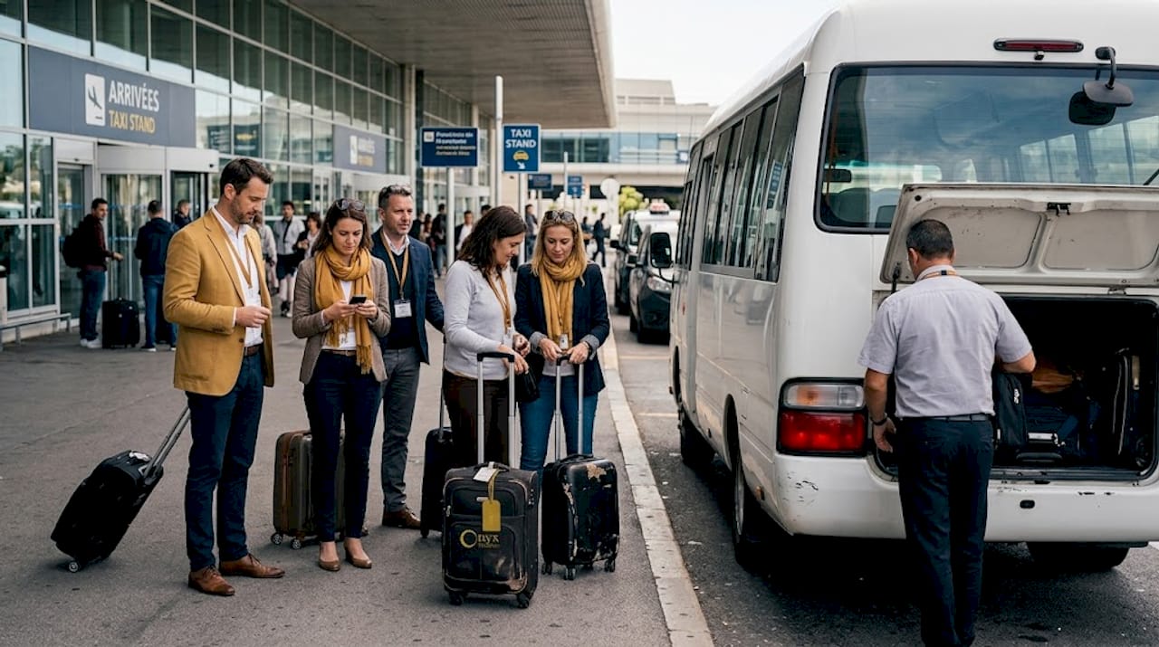 Business attendees loading minibus at Nice Airport