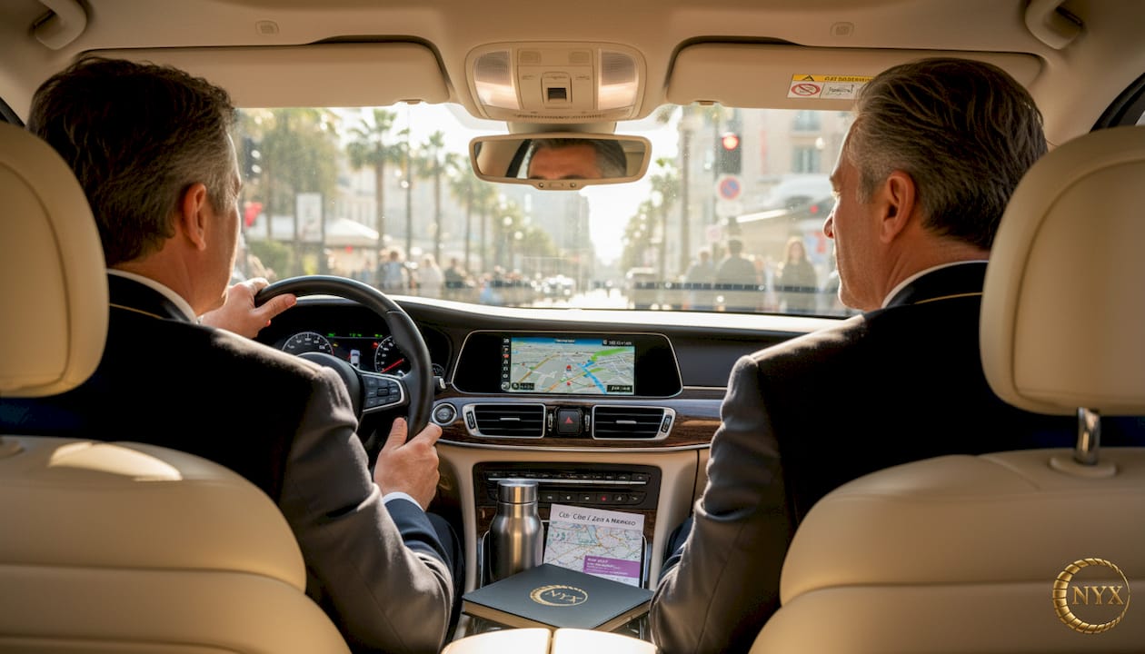 Chauffeur driving luxury car in Côte d’Azur city