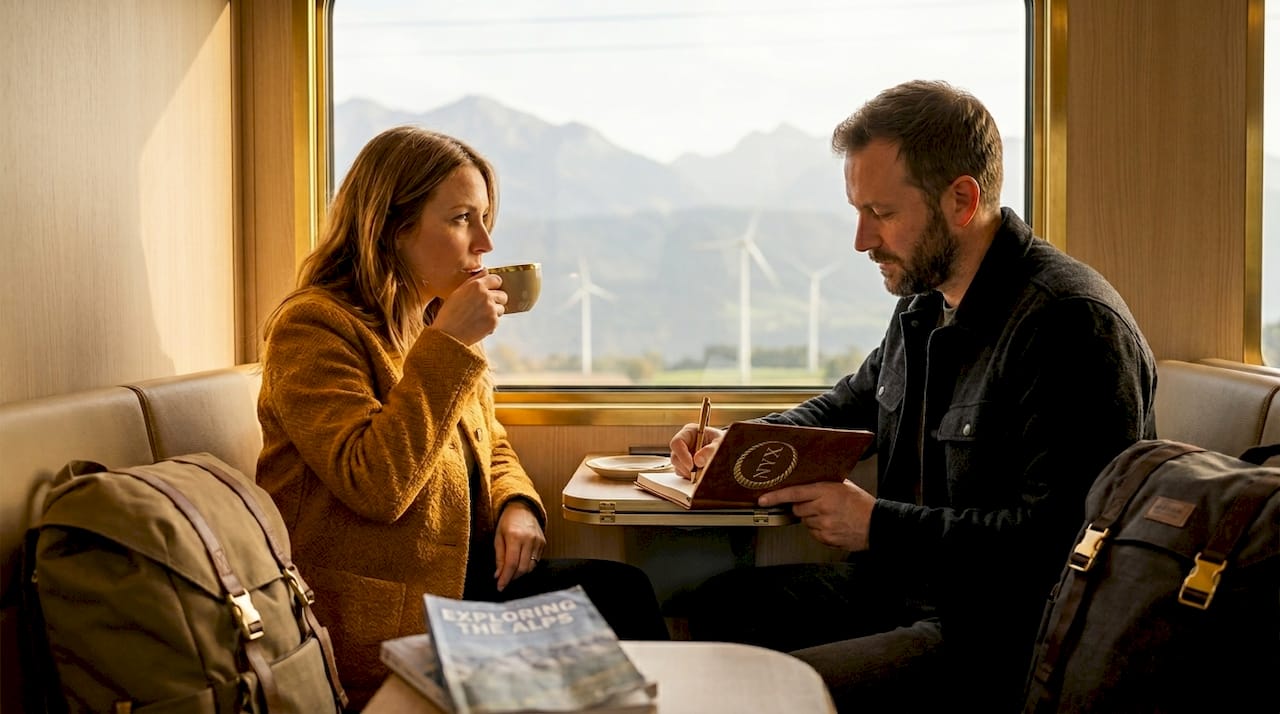 Travelers in luxury train compartment enjoying ride