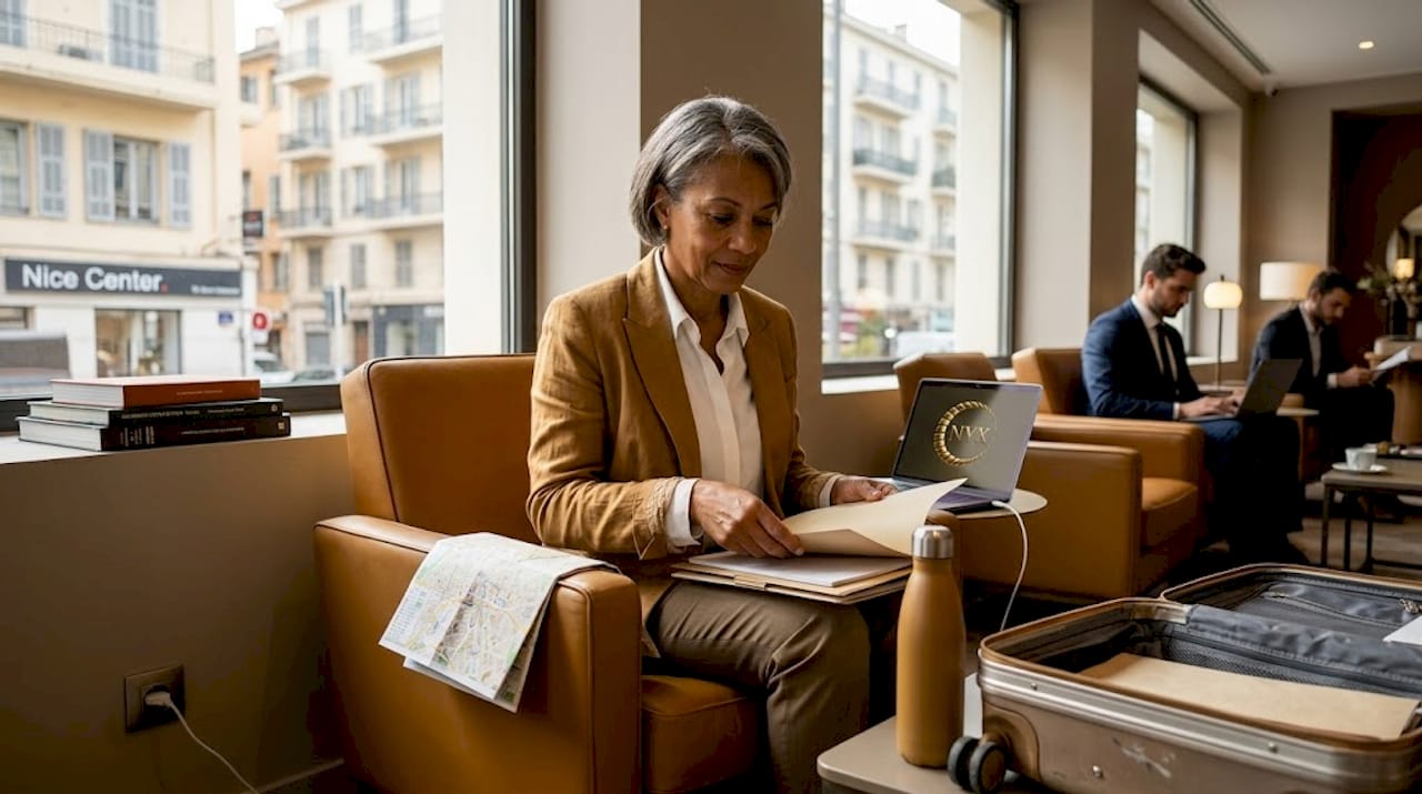 Executive planning transfers in hotel lounge