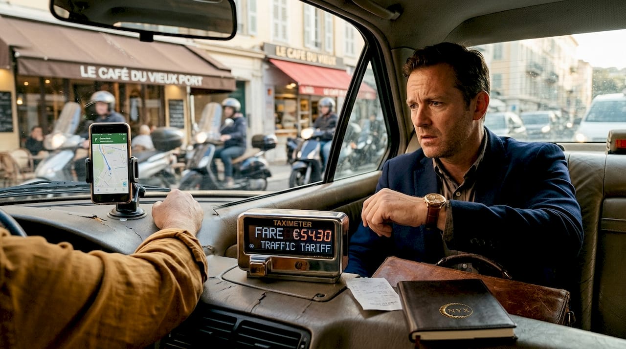 Traveler watching taxi meter from car back seat