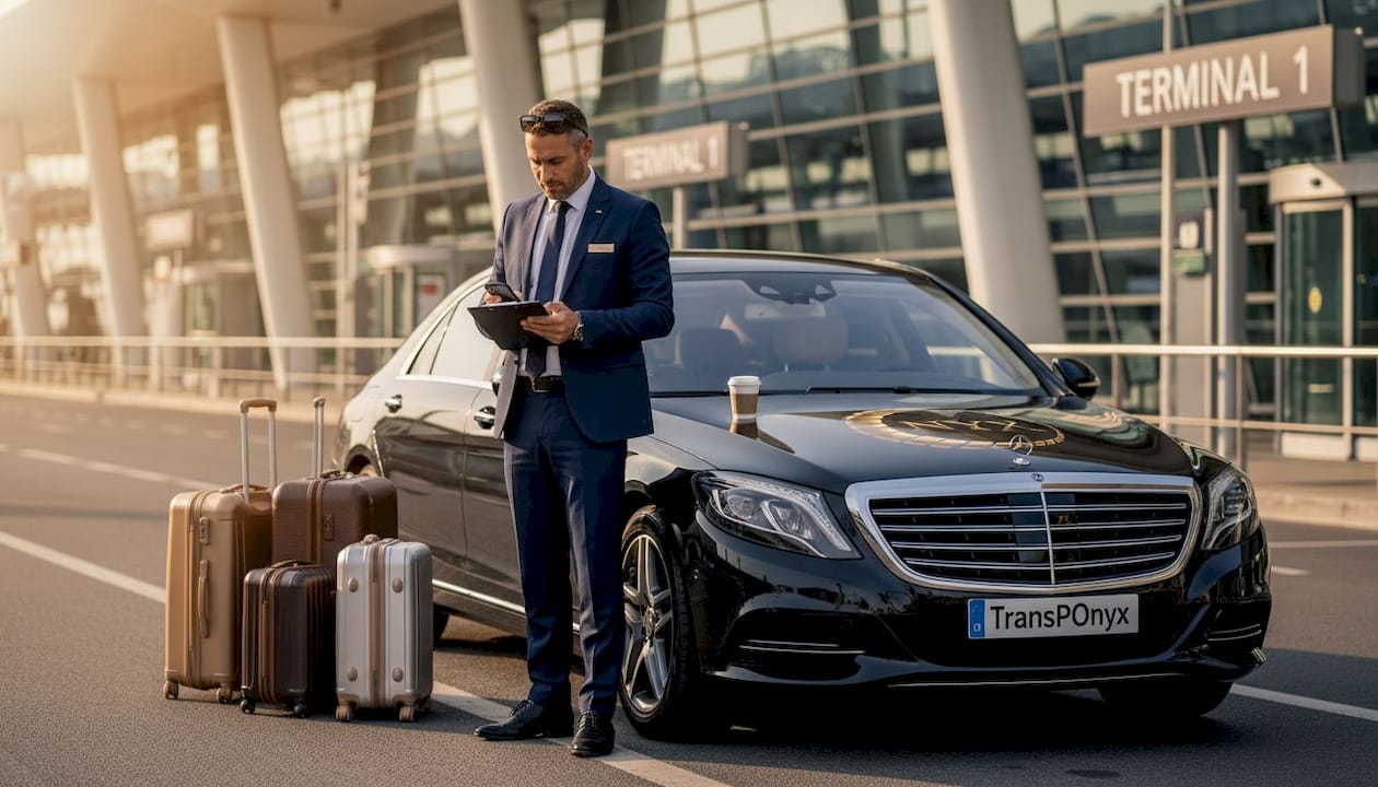 Chauffeur prepares luxury sedan at airport