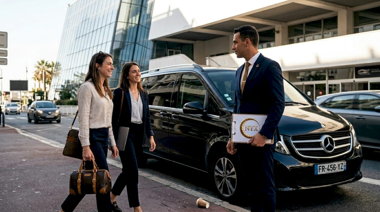 Chauffeur greeting group outside Cannes Palais entrance