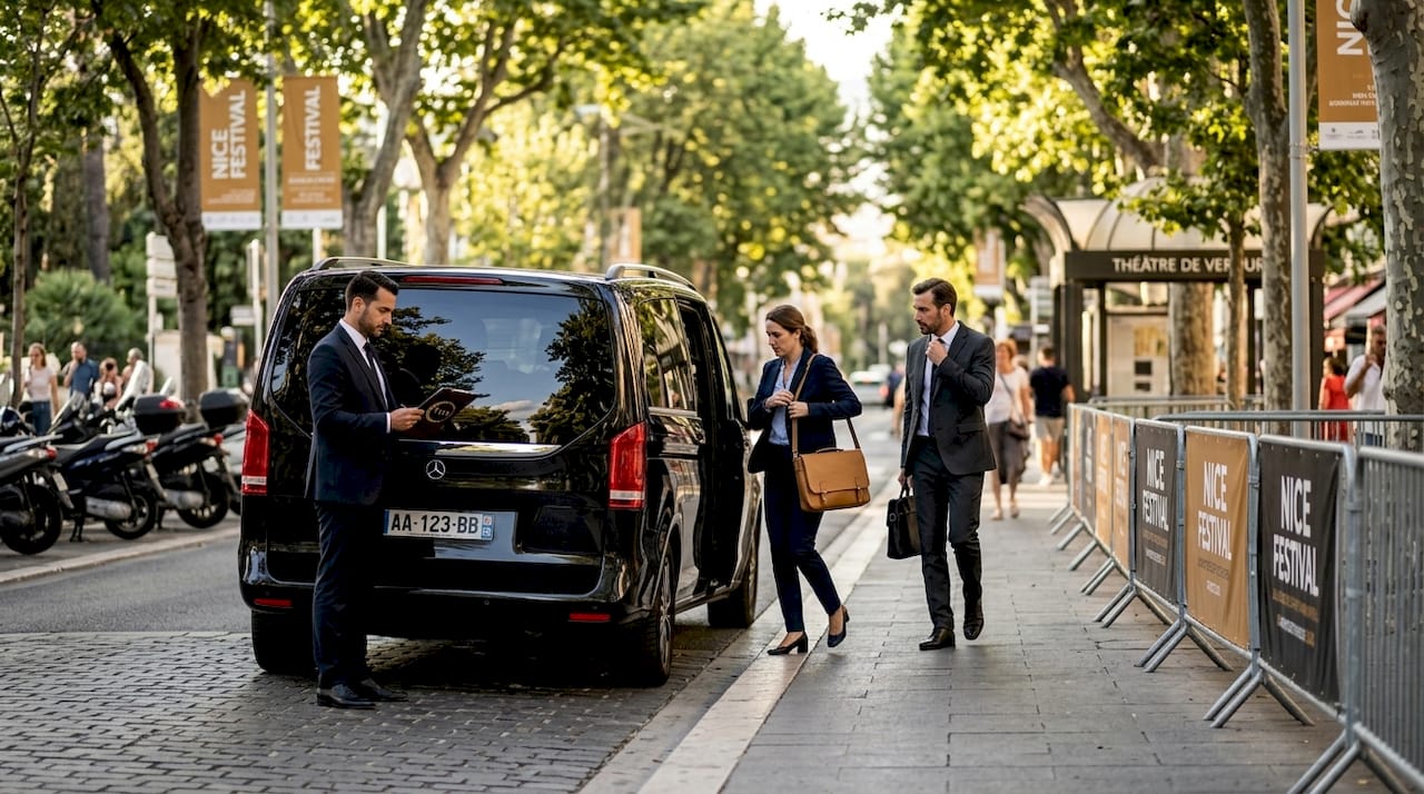 Executive van arrival near festival venue