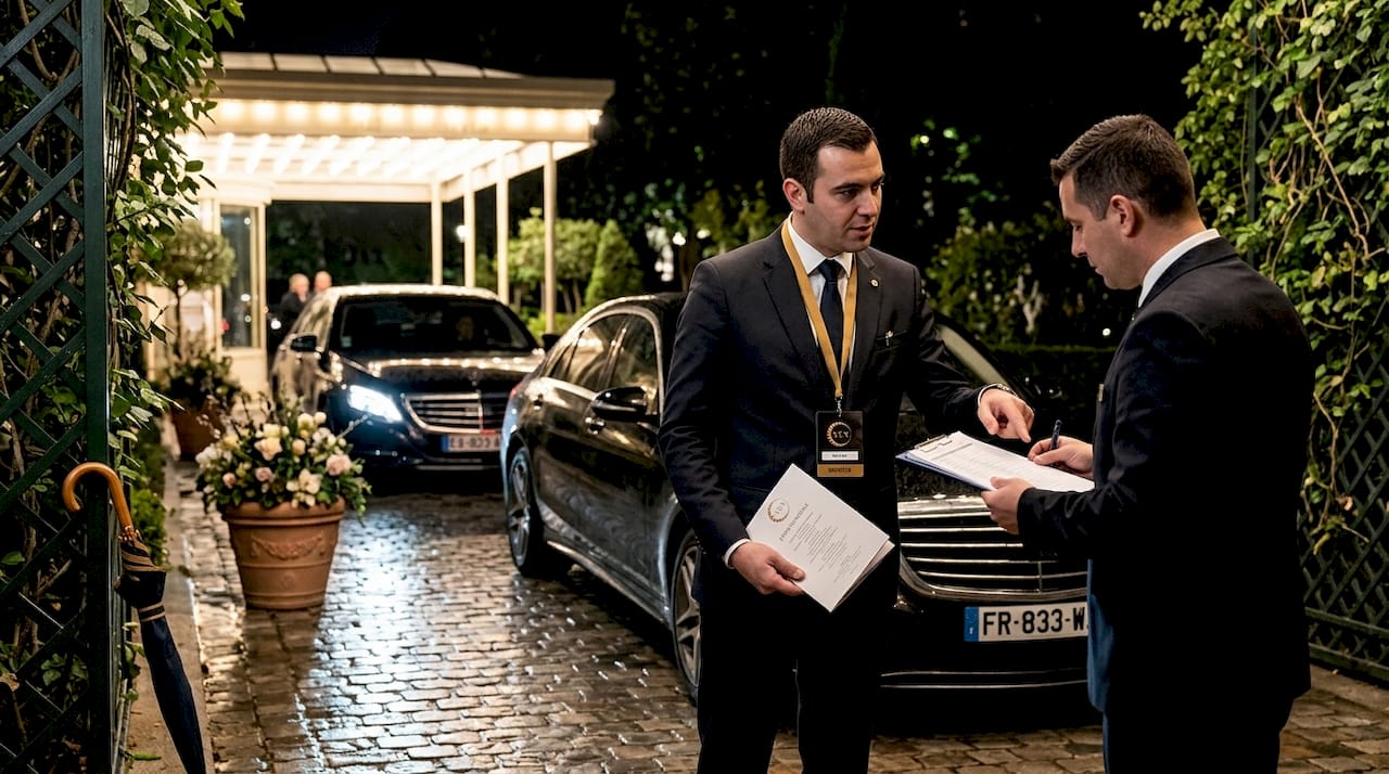 Chauffeur and guard coordinate at event checkpoint