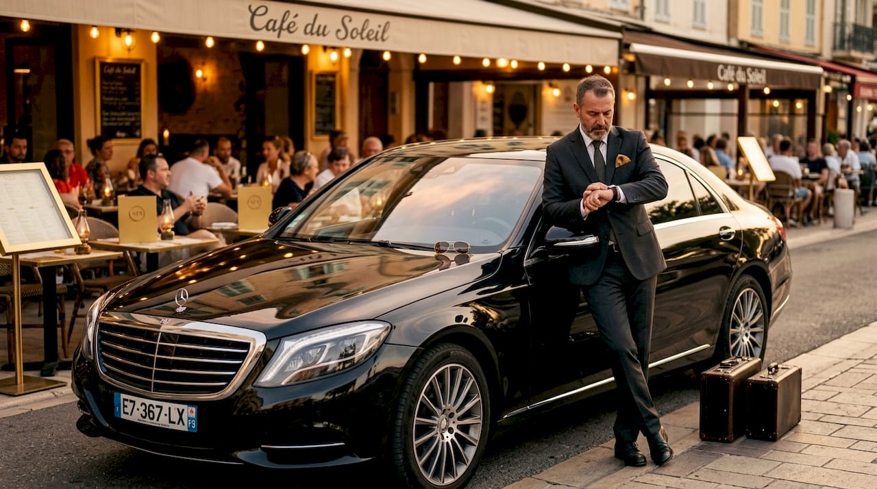 Chauffeur and car waiting near Menton festival