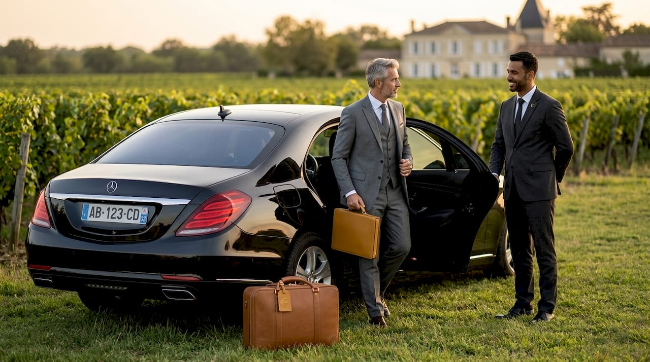Luxury client arriving by chauffeured sedan in Cannes