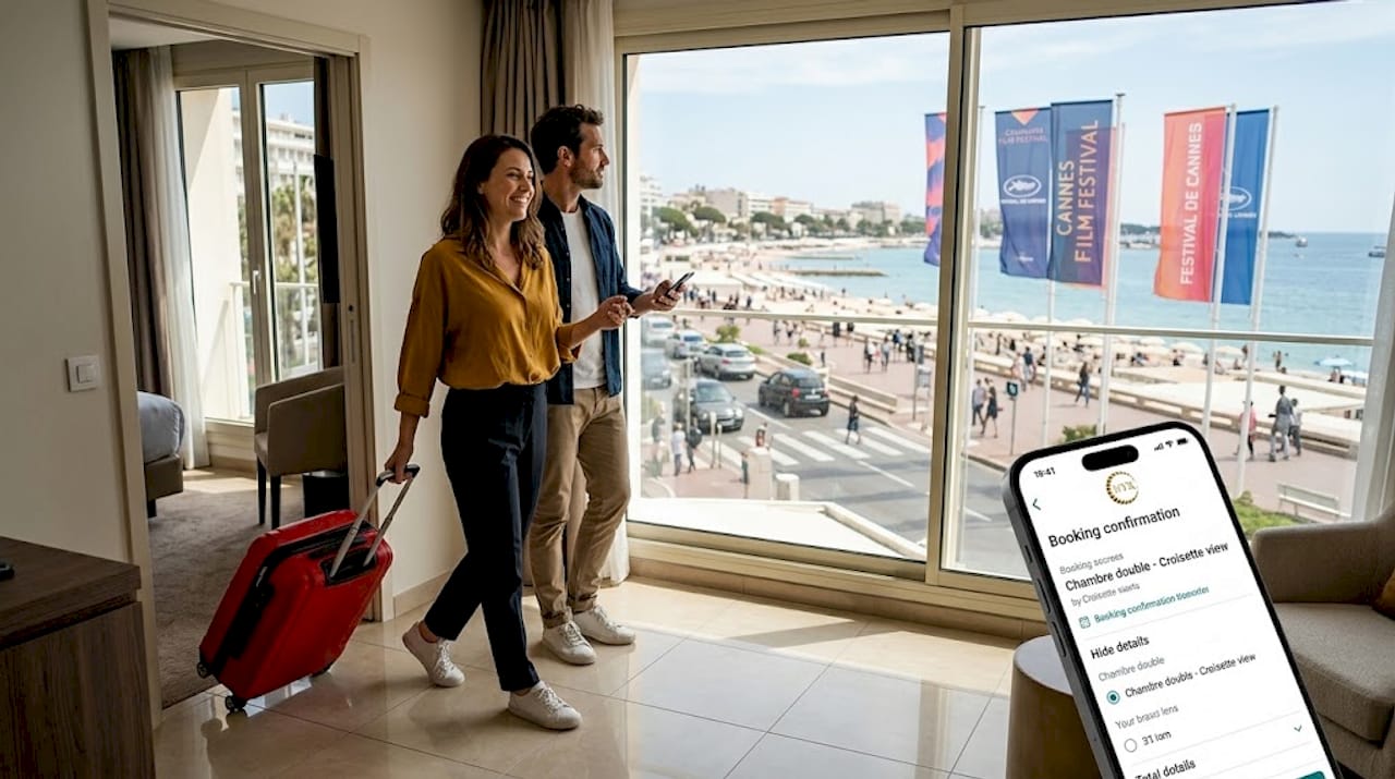 Travelers enter hotel room near Cannes festival