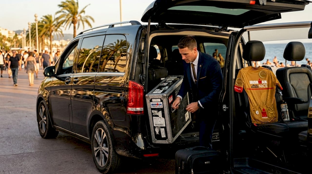 Driver loading bike box into black van