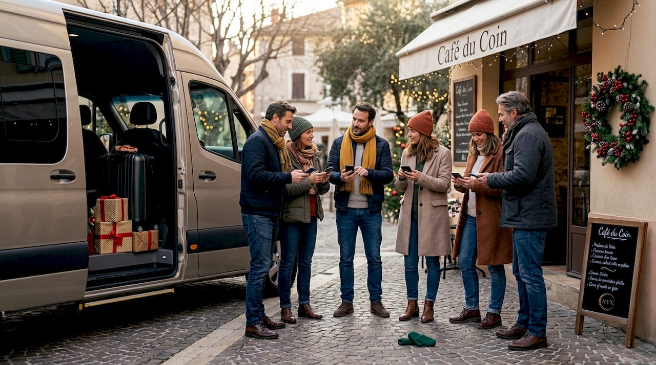 Group beside luxury van at Christmas market