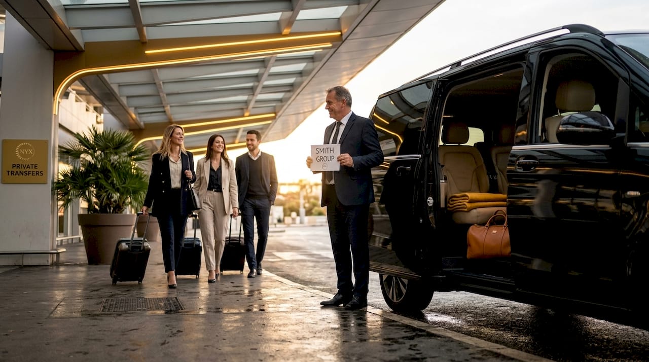 Group meets chauffeur for airport transfer