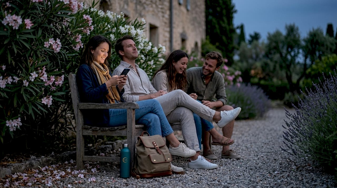 Group waiting for festival transfer outdoors