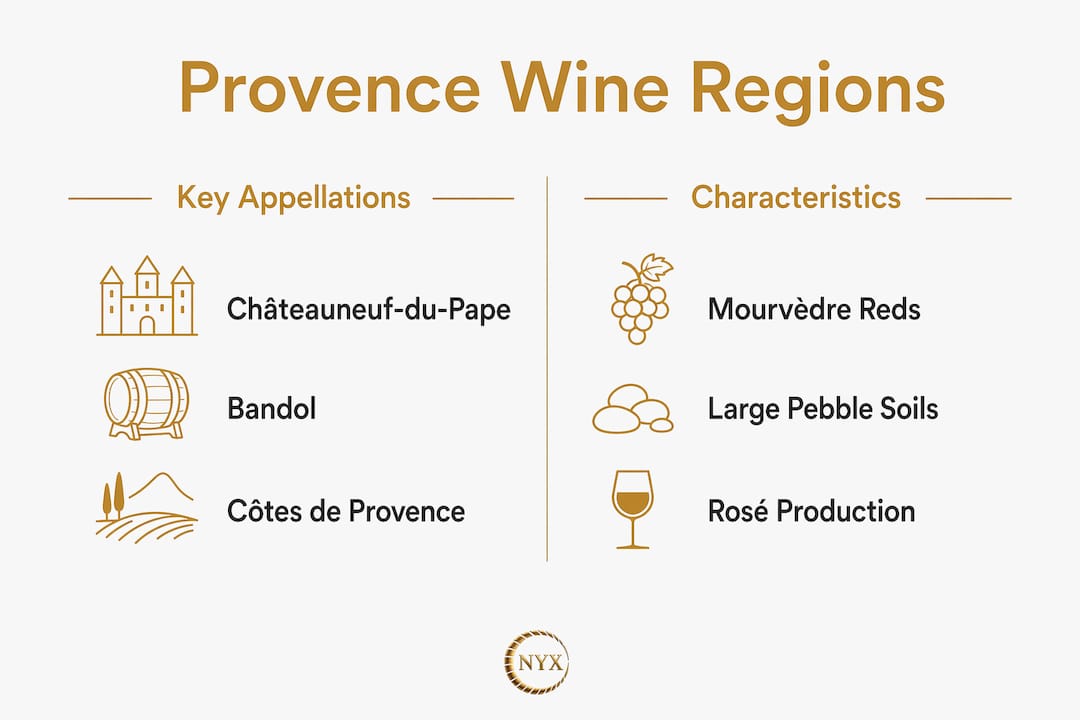 Infographic comparing key wine regions and their characteristics in Provence