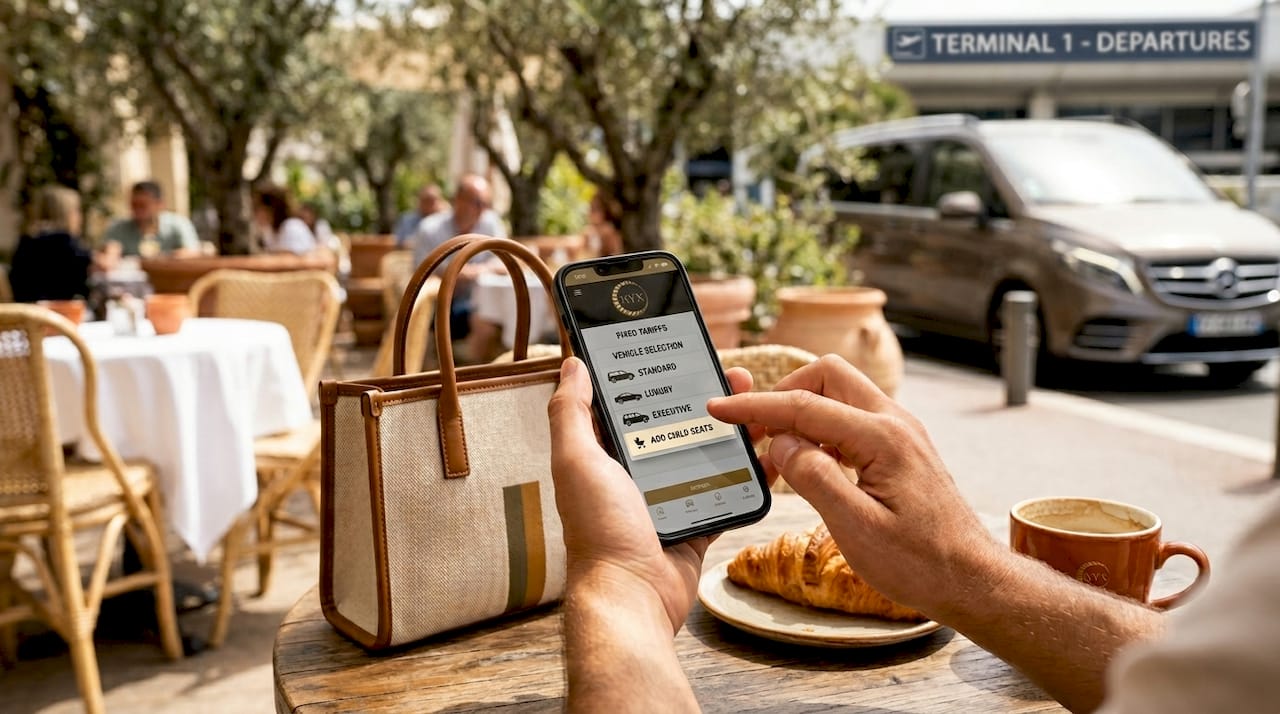 Traveler booking VTC on smartphone near Nice airport