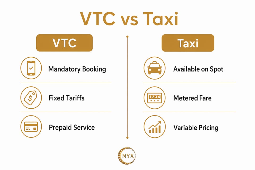 Infographic comparing VTC and taxi features at Nice airport