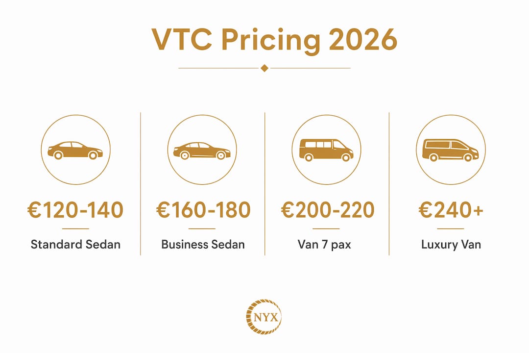 Infographic showing VTC pricing ranges for different vehicle types in 2026