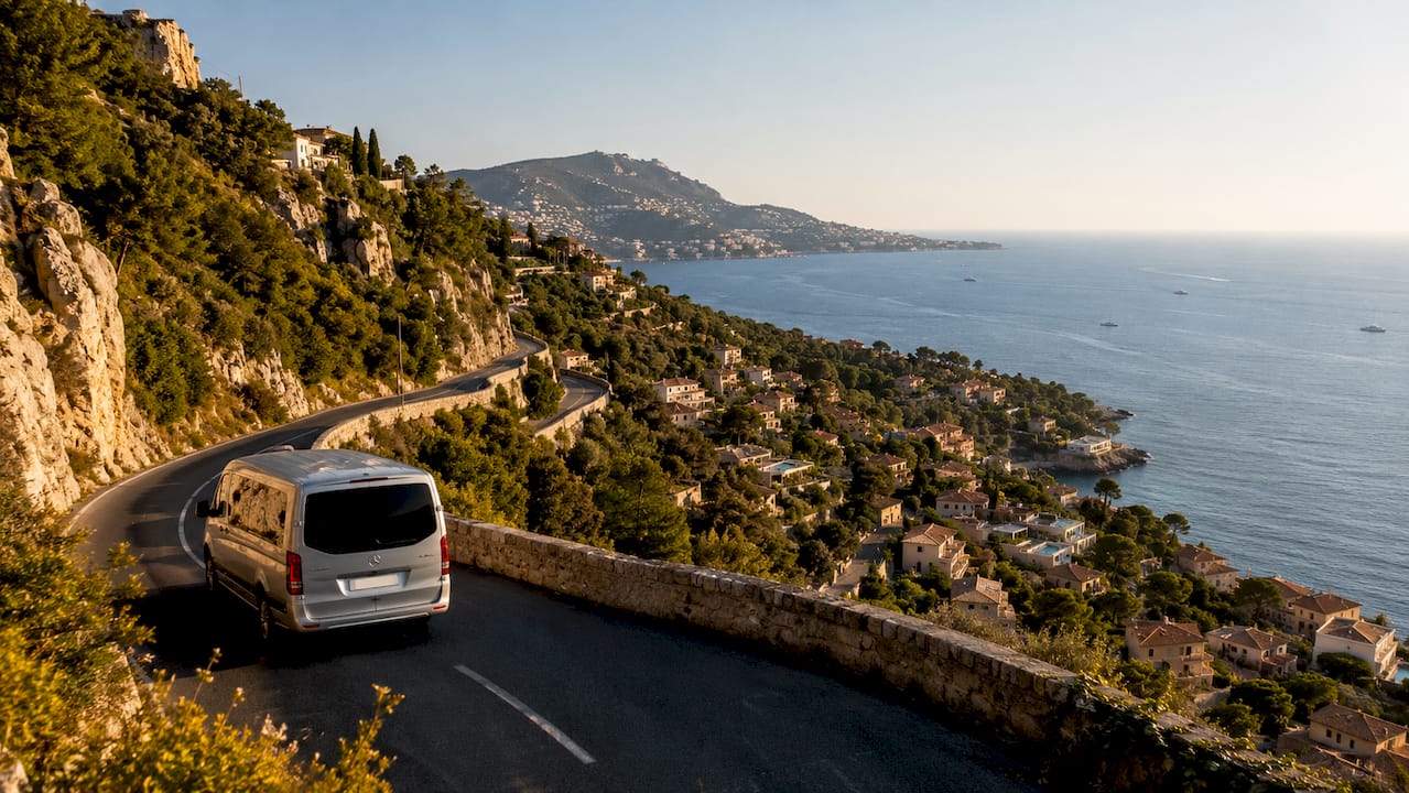 Aerial view of winding coastal route Côte d'Azur