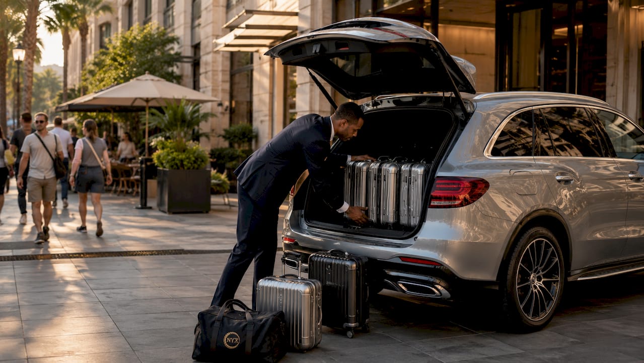 Chauffeur loading luggage into transfer vehicle