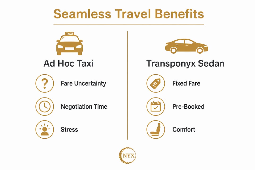 Infographic comparing benefits of ad hoc taxi versus pre-booked sedan