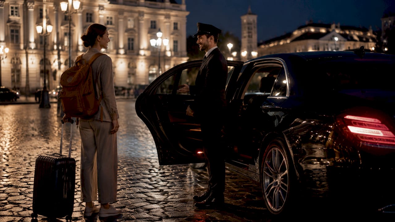 Luxury sedan with chauffeur and traveler outside hotel